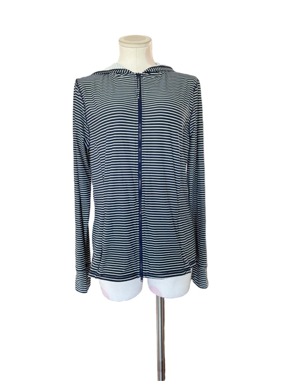 Athleisure coastal Activewear Zip Hoodie Rashguard Navy White Striped L - Picture 2 of 14